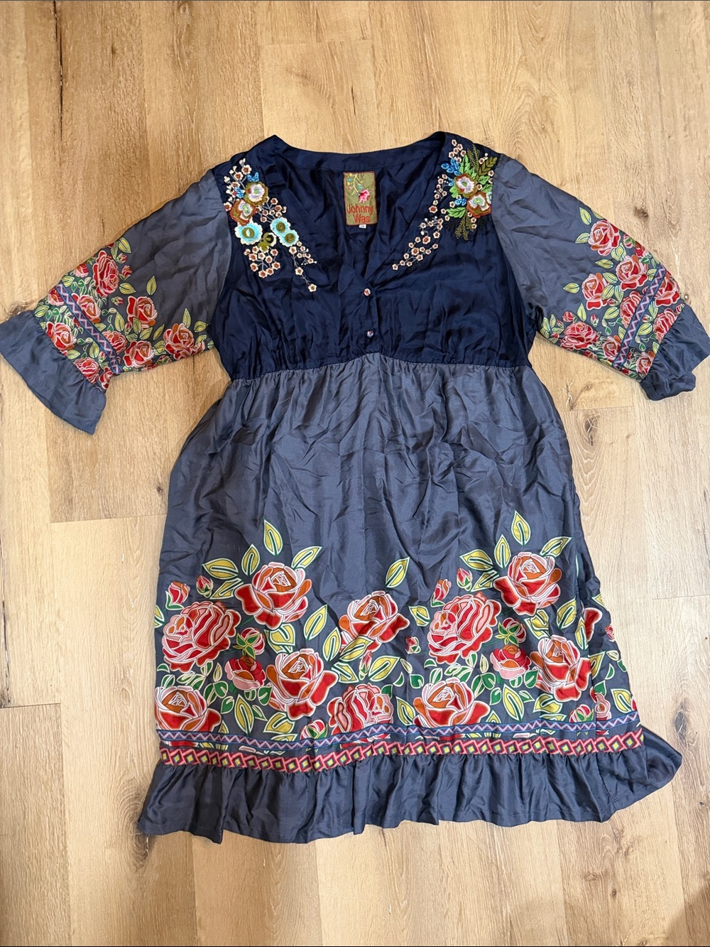 Johnny Was Silk Embroidered Boho Dress